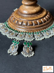Green Stone Dual Tone Necklace With Earring Necklace