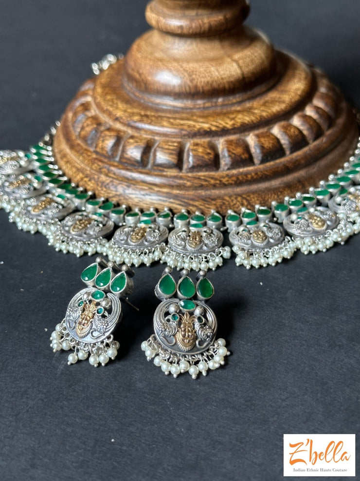 Green Stone Dual Tone Necklace With Earring Necklace
