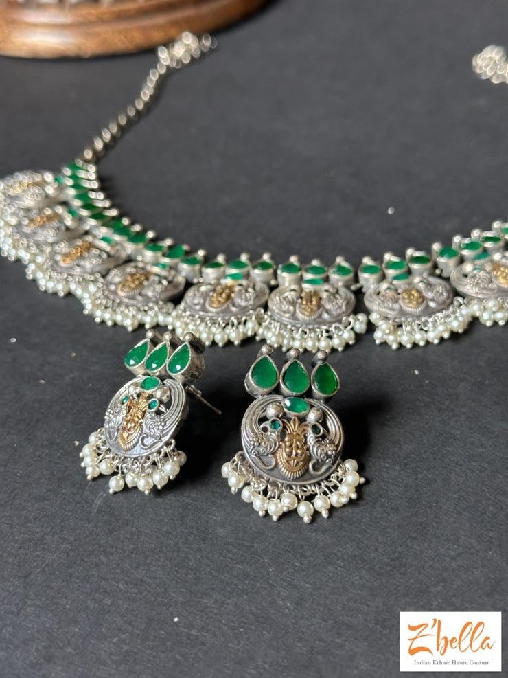 Green Stone Dual Tone Necklace With Earring Necklace