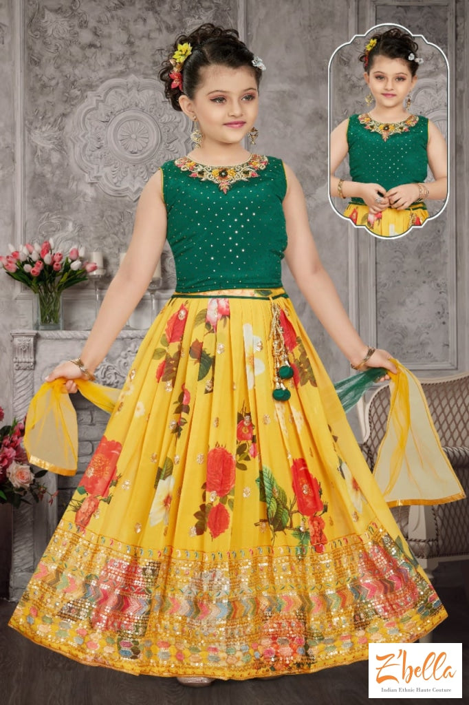 Green Top With Yellow Floral Printed Skirt - 9 10 Yr Girl Kids Set