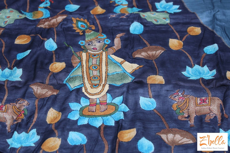 Grey And Blue Combo Kalamkari Hand Painted Saree With Kanta Work Stitched Blouse Saree