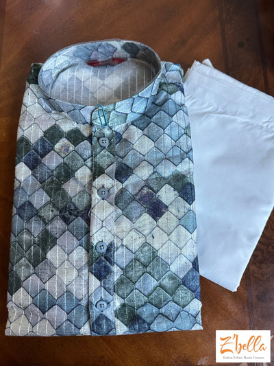Grey And Green Printed Kurti With Pants Kurta Set