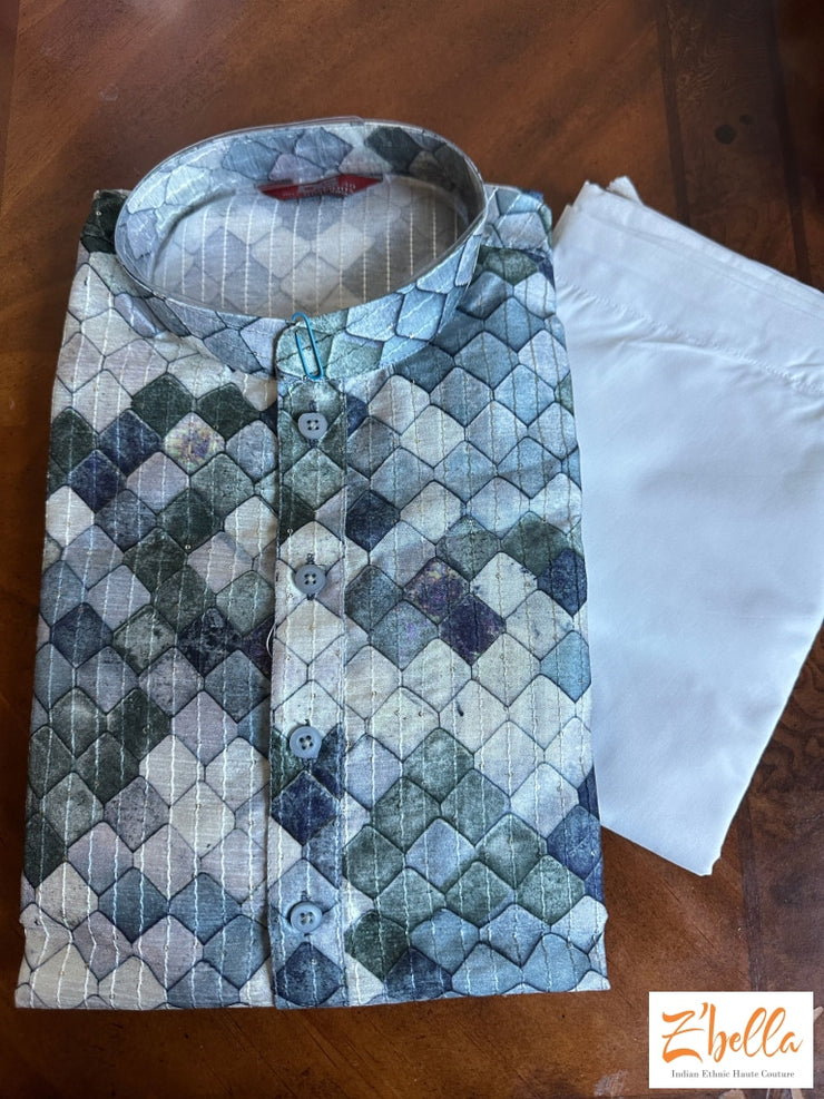 Grey And Green Printed Kurti With Pants Kurta Set
