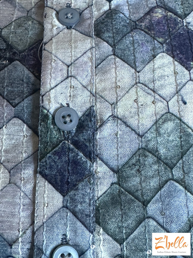 Grey And Green Printed Kurti With Pants Kurta Set