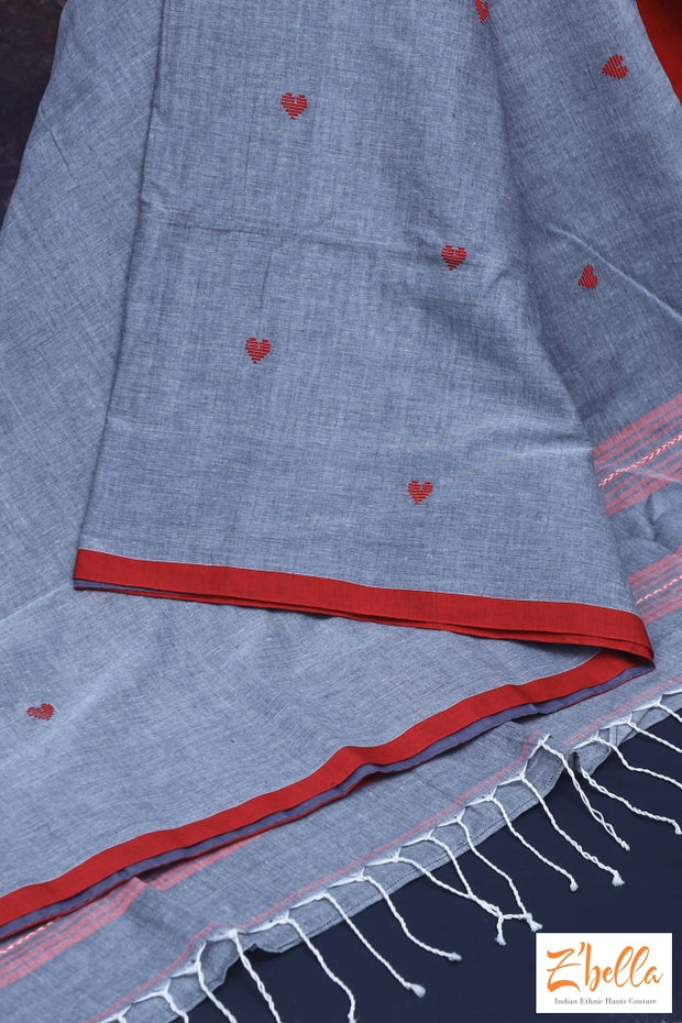 Grey And Red Combo Heart Weave Pure Handloom Cotton Saree With Bp Saree