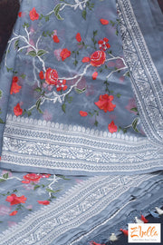 Grey Organza Saree With Embroidery Stitched Blouse Saree