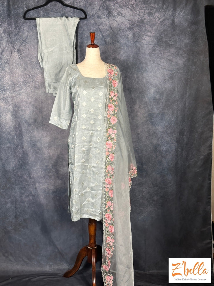 Greyish Blue Banarsi Kurti With Organza Dupatta Kurti