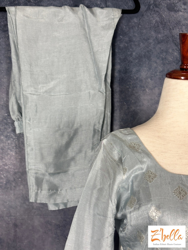 Greyish Blue Banarsi Kurti With Organza Dupatta Kurti