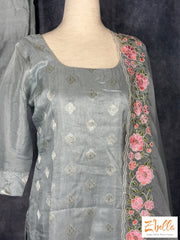 Greyish Blue Banarsi Kurti With Organza Dupatta Kurti