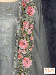 Greyish Blue Banarsi Kurti With Organza Dupatta Kurti