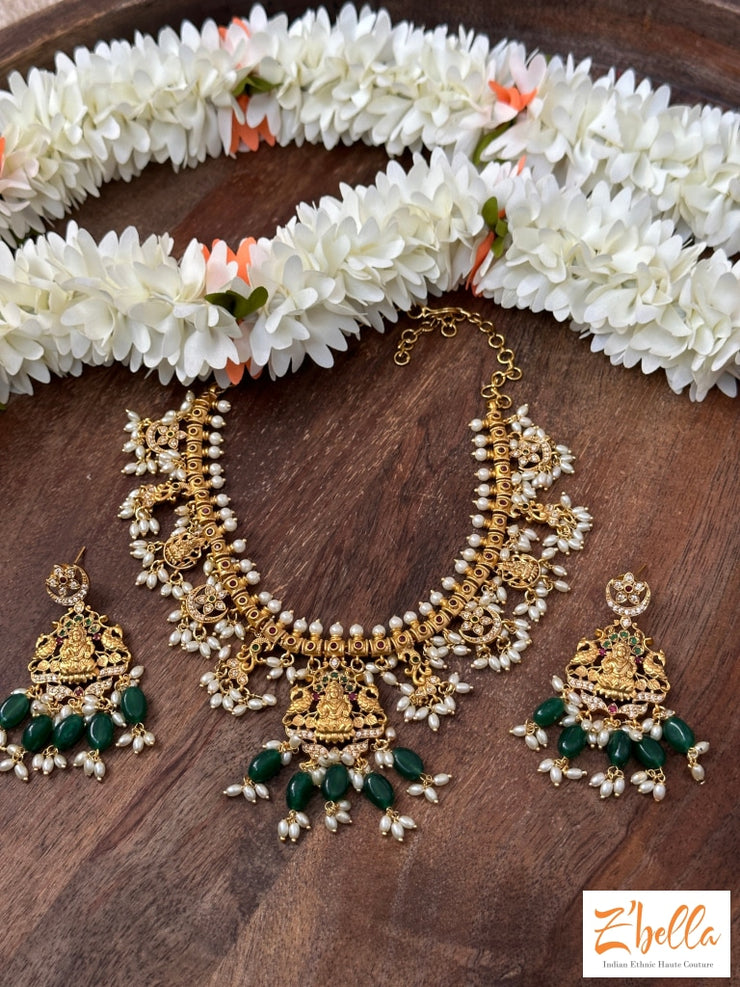 Guttapusalu With Green Beads And Earrings Necklace