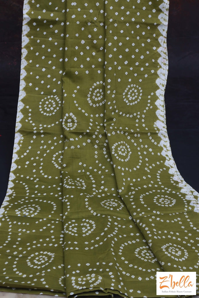 Hand Bandhej Olive Green Cotton Saree With Bp Saree