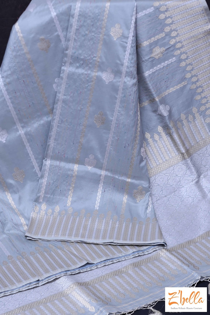 Silver Grey Katan Silk Saree With Banarsi Weave Saree