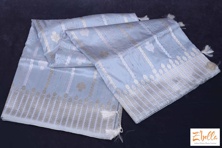 Silver Grey Katan Silk Saree With Banarsi Weave Saree