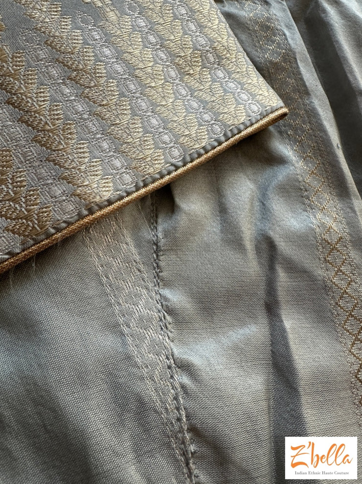 Hand Woven Silver Grey Katan Silk Saree With Banarsi Weave Saree