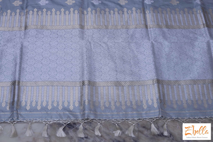Silver Grey Katan Silk Saree With Banarsi Weave Saree