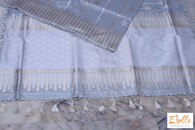 Silver Grey Katan Silk Saree With Banarsi Weave Saree