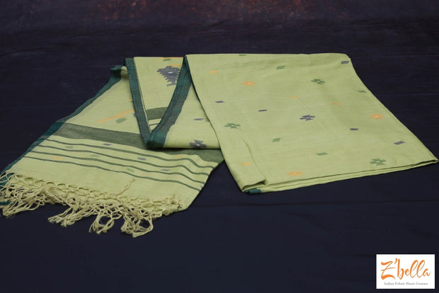 Handloom Cerified Pista Green Cotton Saree With Jamdani Weave No Bp Saree