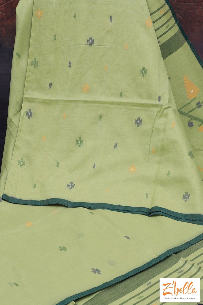 Handloom Cerified Pista Green Cotton Saree With Jamdani Weave No Bp Saree