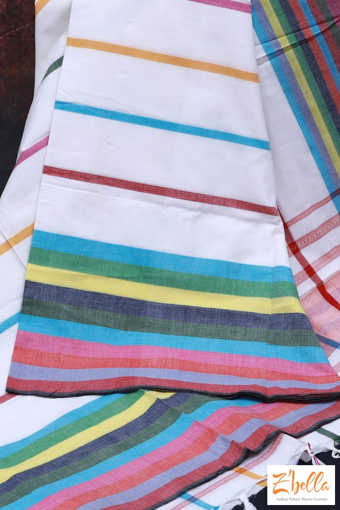 Handloom Certified White Cotton Saree With Multi Color Lines No Bp Saree