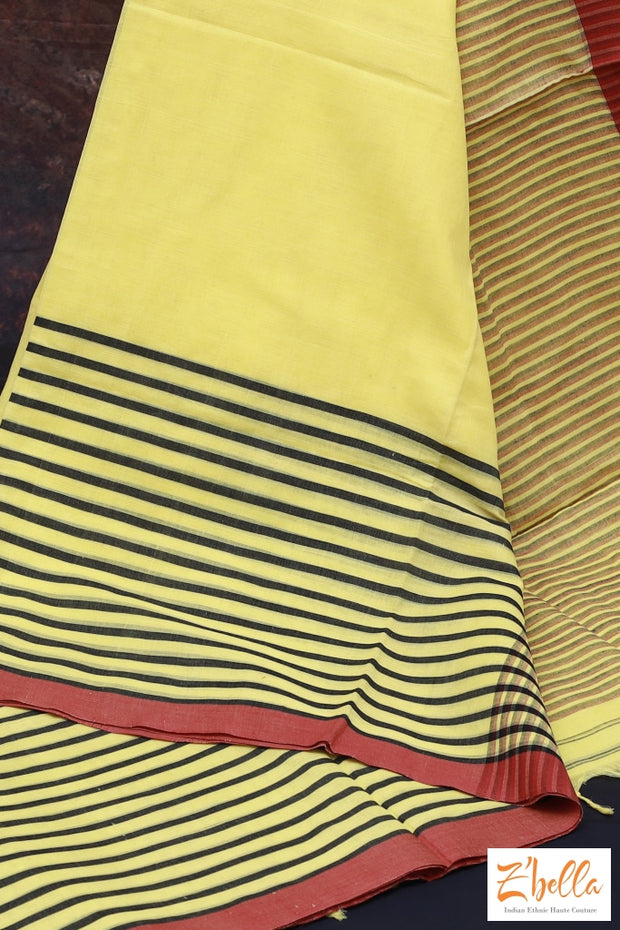 Handloom Certified Yellow Cotton Saree With Black Lines And Red Border No Bp Saree