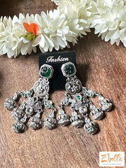 Handmade Designer Earring With Green Stone Earrings Silver Tone