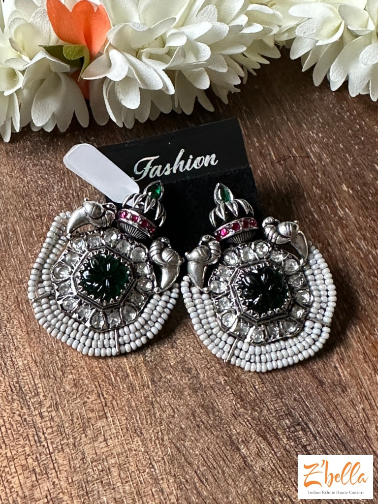 Handmade Designer Stud With Green And Red Stone Earrings Silver Tone