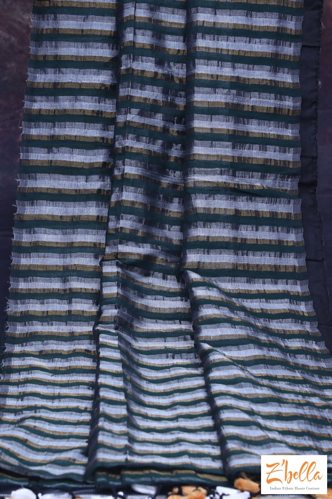 Handwoven Bottle Green Stripe Tissue Cotton Saree With Stitched Blouse Saree