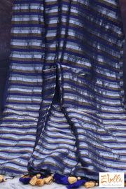 Handwoven Navy Blue Stripe Tissue Cotton Saree With Stitched Blouse Saree