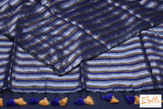 Handwoven Navy Blue Stripe Tissue Cotton Saree With Stitched Blouse Saree