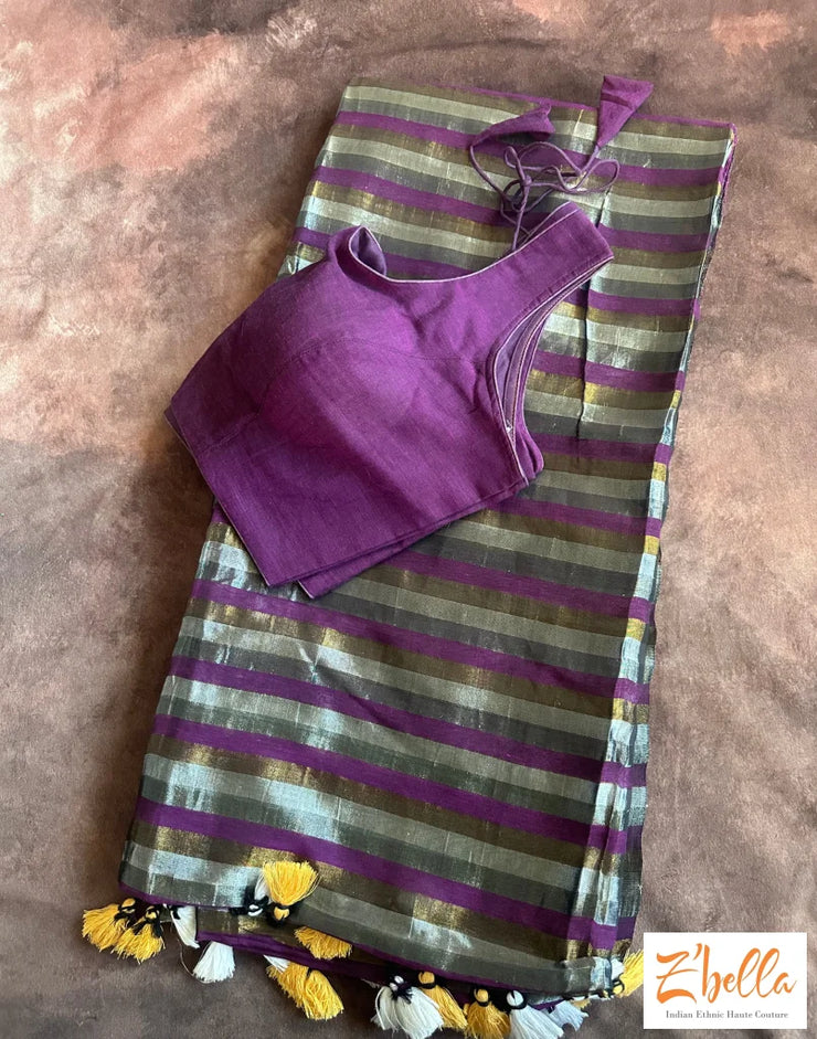 Handwoven Purple Stripe Tissue Cotton Saree With Stitched Blouse Saree