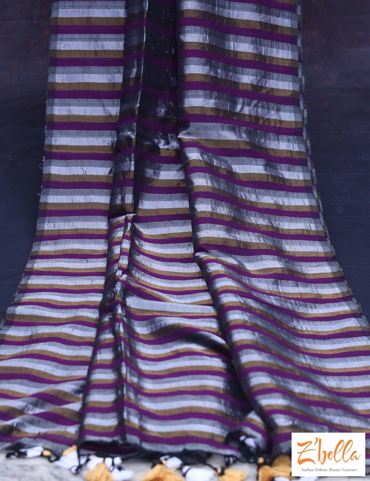 Handwoven Purple Stripe Tissue Cotton Saree With Stitched Blouse Saree
