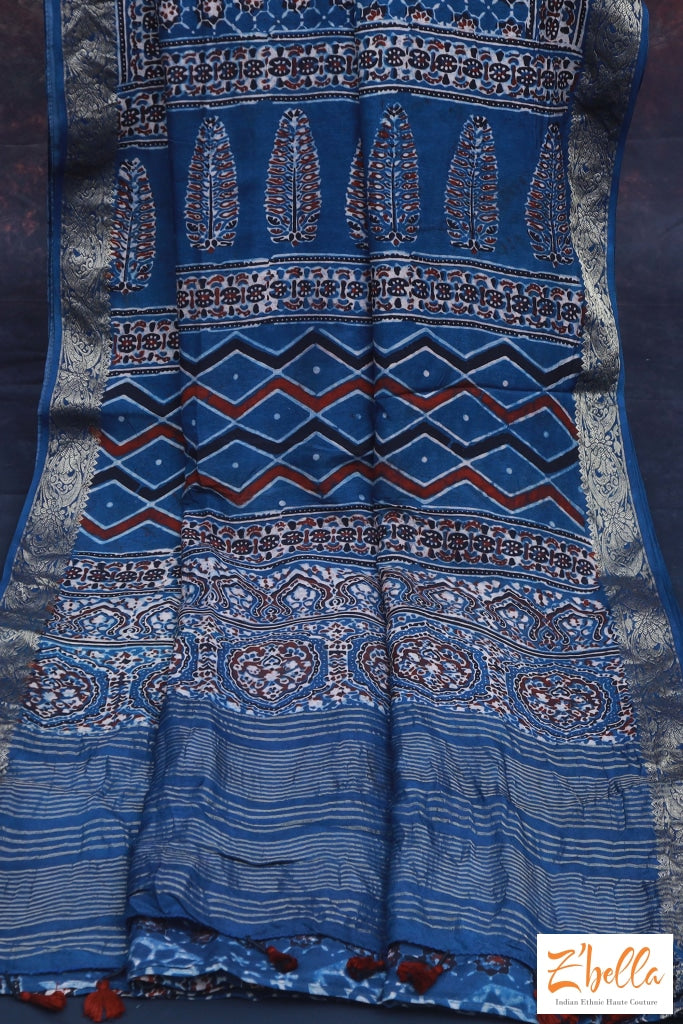 Indigo Blue Ajrak Dola Silk Saree No Bp Saree