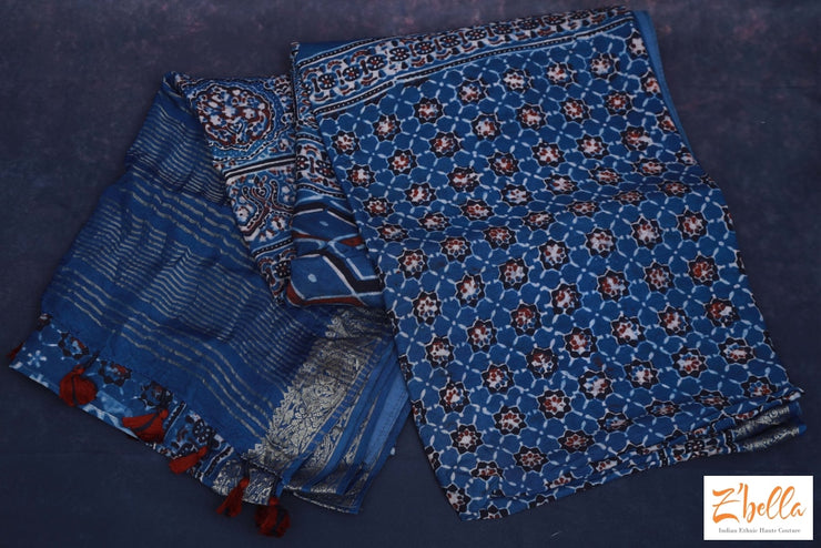 Indigo Blue Ajrak Dola Silk Saree No Bp Saree