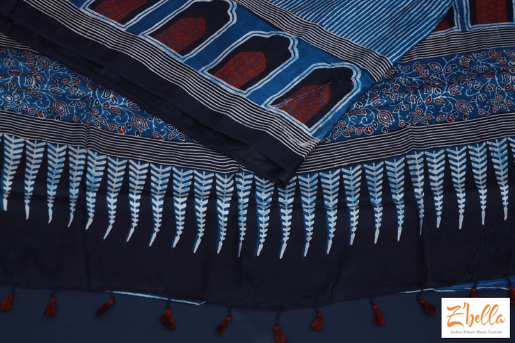 Indigo Blue Ajrak Modal Silk Saree No Bp Saree