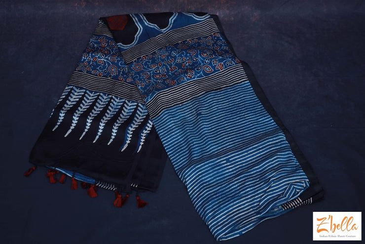 Indigo Blue Ajrak Modal Silk Saree No Bp Saree