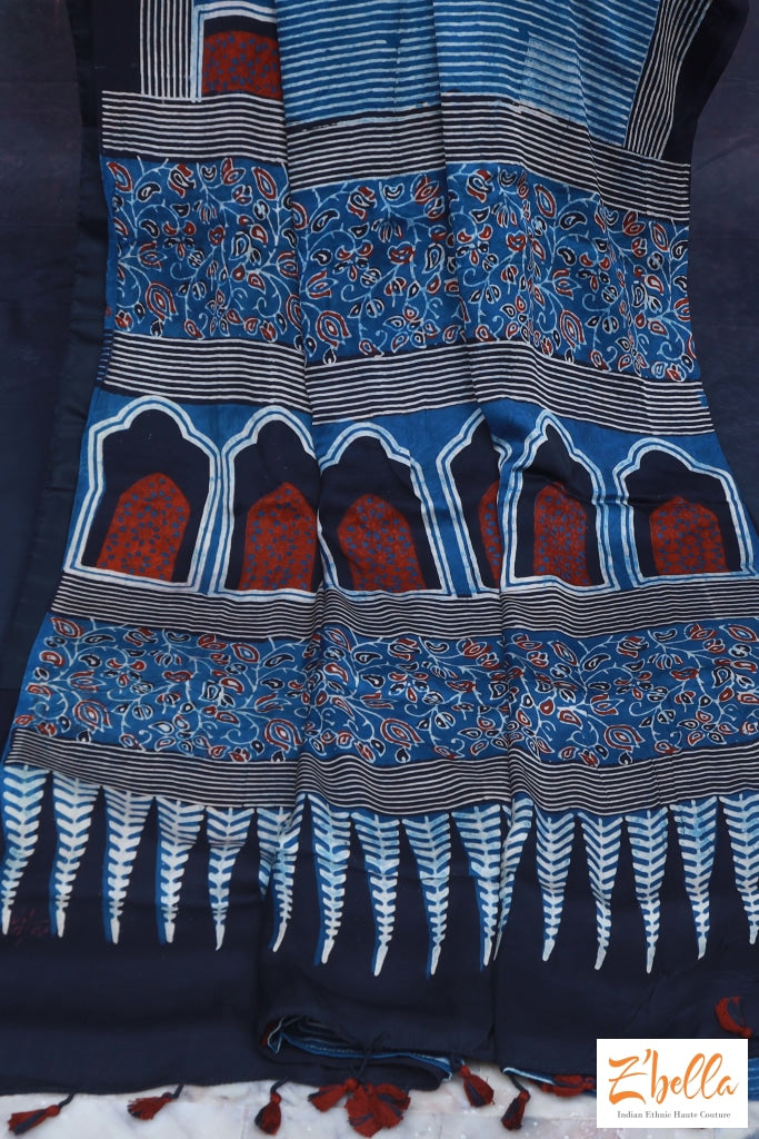 Indigo Blue Ajrak Modal Silk Saree No Bp Saree