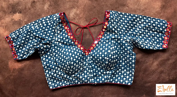 Indigo Blue Cotton Blouse With Mirror Work Blouse