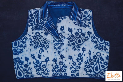 Indigo Blue Cotton Sleeveless Blouse With Collar Blouse