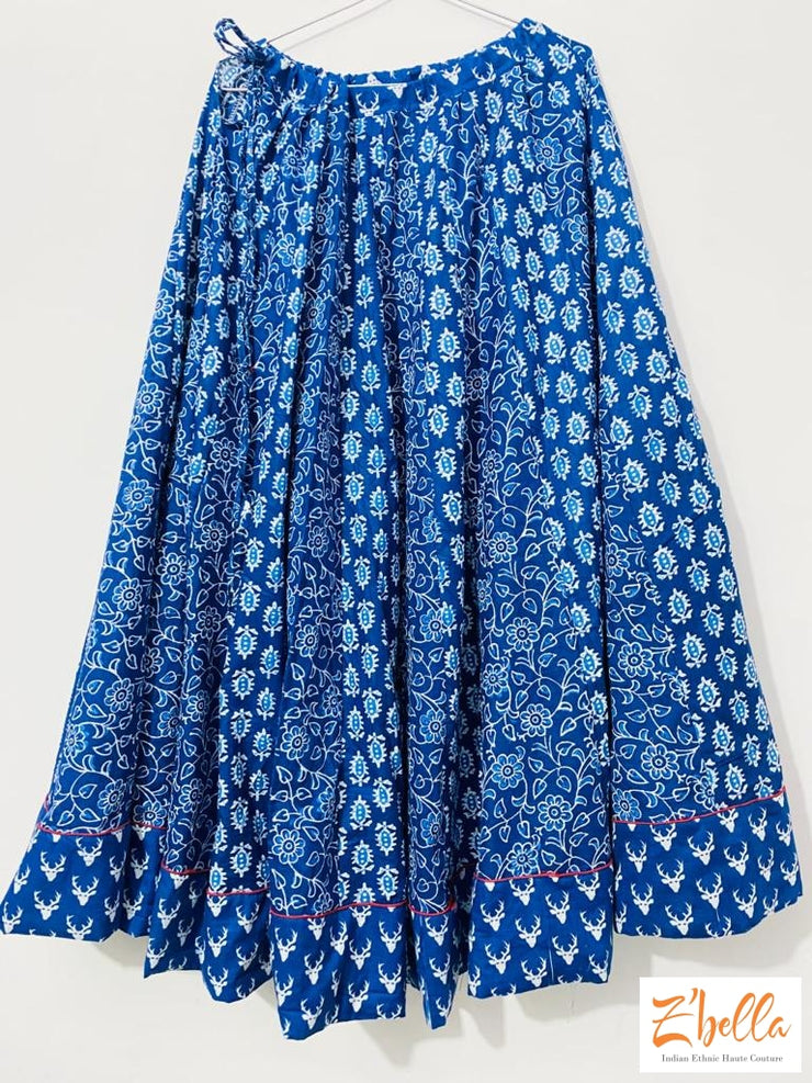 Indigo Blue Hand Block Printed Cotton Skirt Lehanga