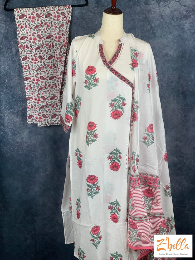 Jaipur Print White Cotton Kurti With Bottom And Dupatta - Size 38 Kurti Set