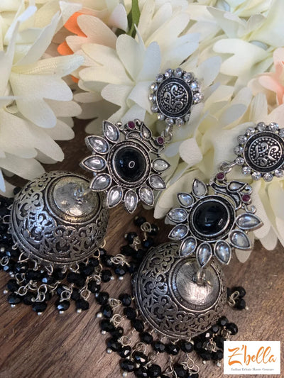 Jhumka With Black Beads Earrings Silver Tone
