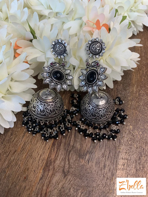 Jhumka With Black Beads Earrings Silver Tone