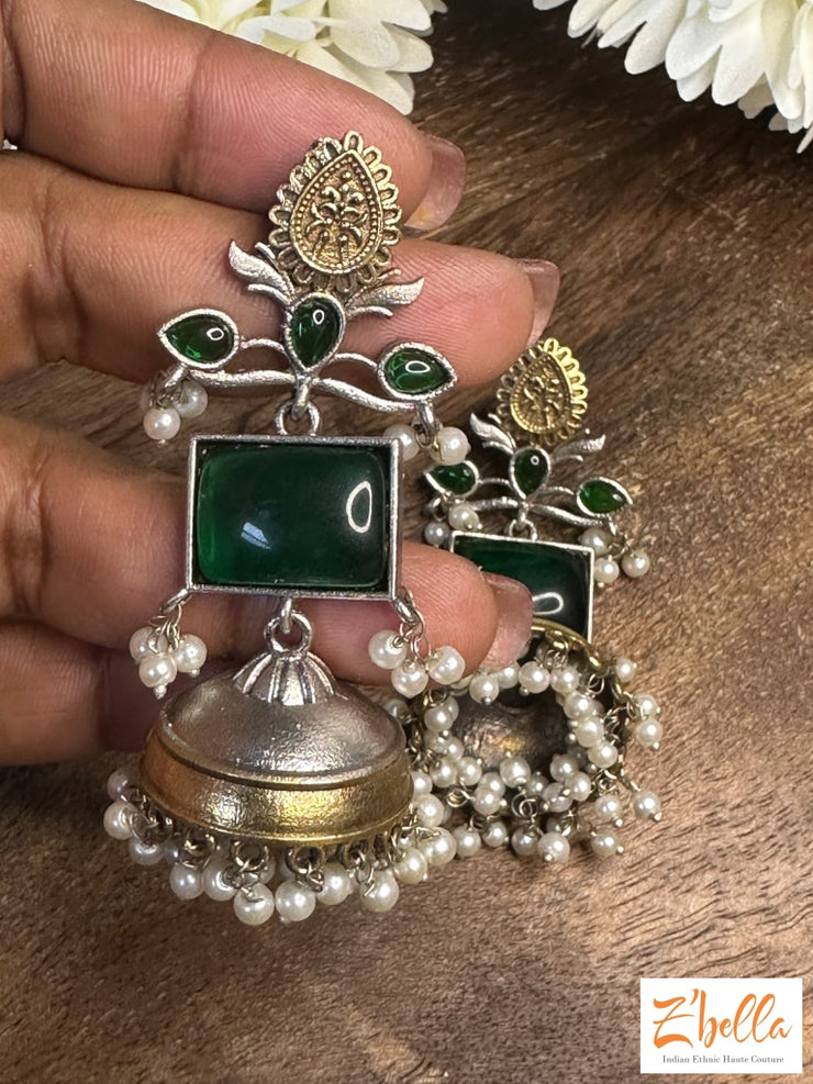 Jhumka With Green Stone Earrings Silver Tone