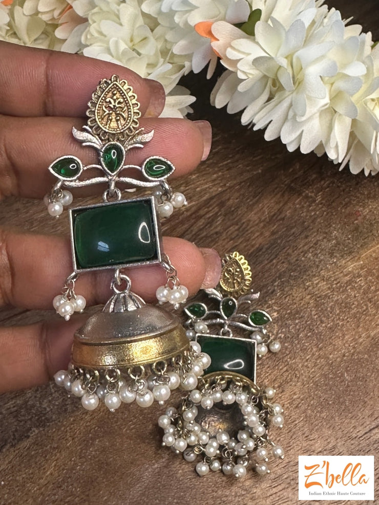 Jhumka With Green Stone Earrings Silver Tone