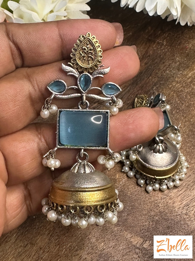 Jhumka With Light Blue Stone Earrings Silver Tone