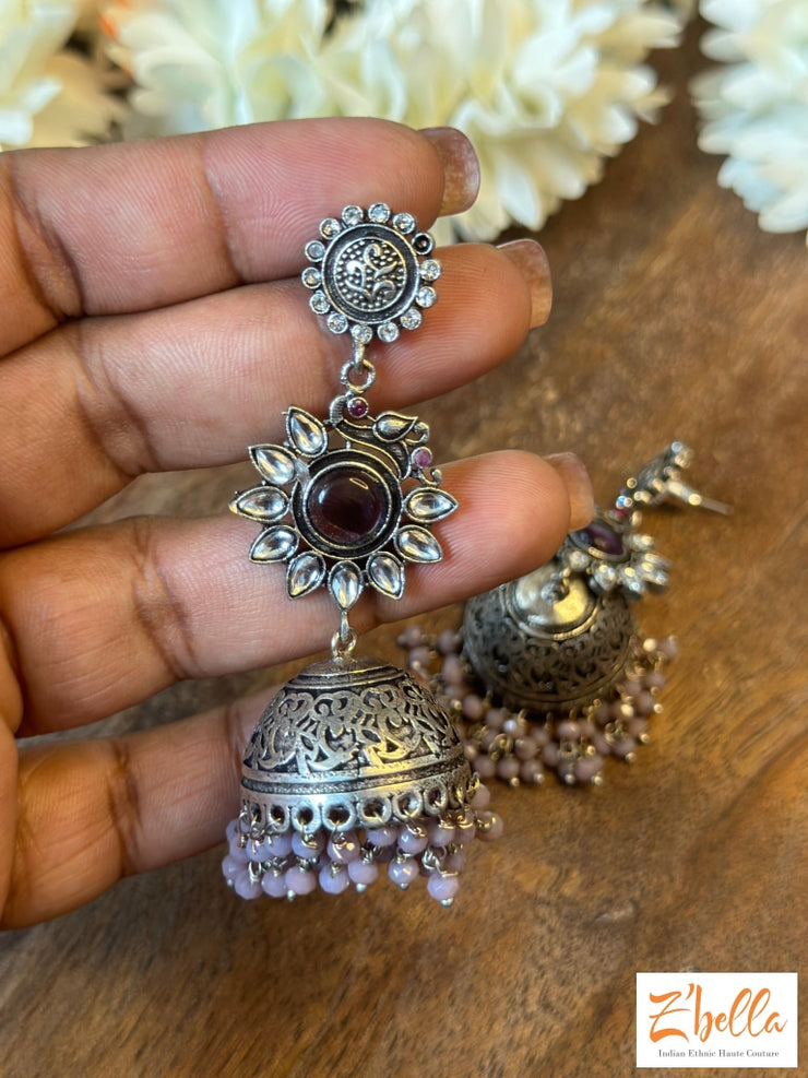 Jhumka With Mauve Beads Earrings Silver Tone