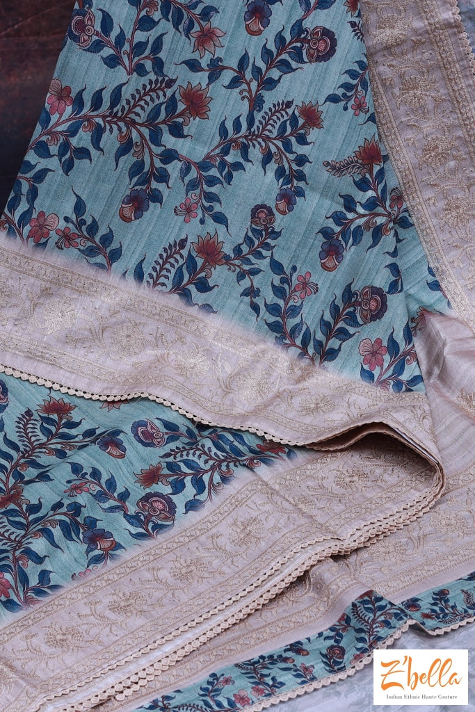 Kalamkari Print Saree With Chikan Work On The Border Saree