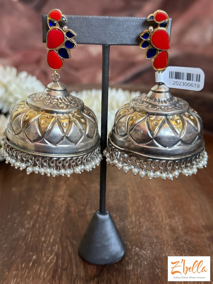 Kemp Stone Stud With Jumbo Light Weight Dual Tone Jhumka Earrings Silver Tone