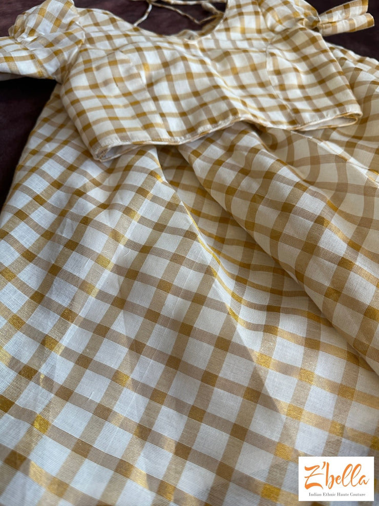 Kerala Gold Kasavu Tissue Skirt With Border And Green Blouse Girl Kids Set